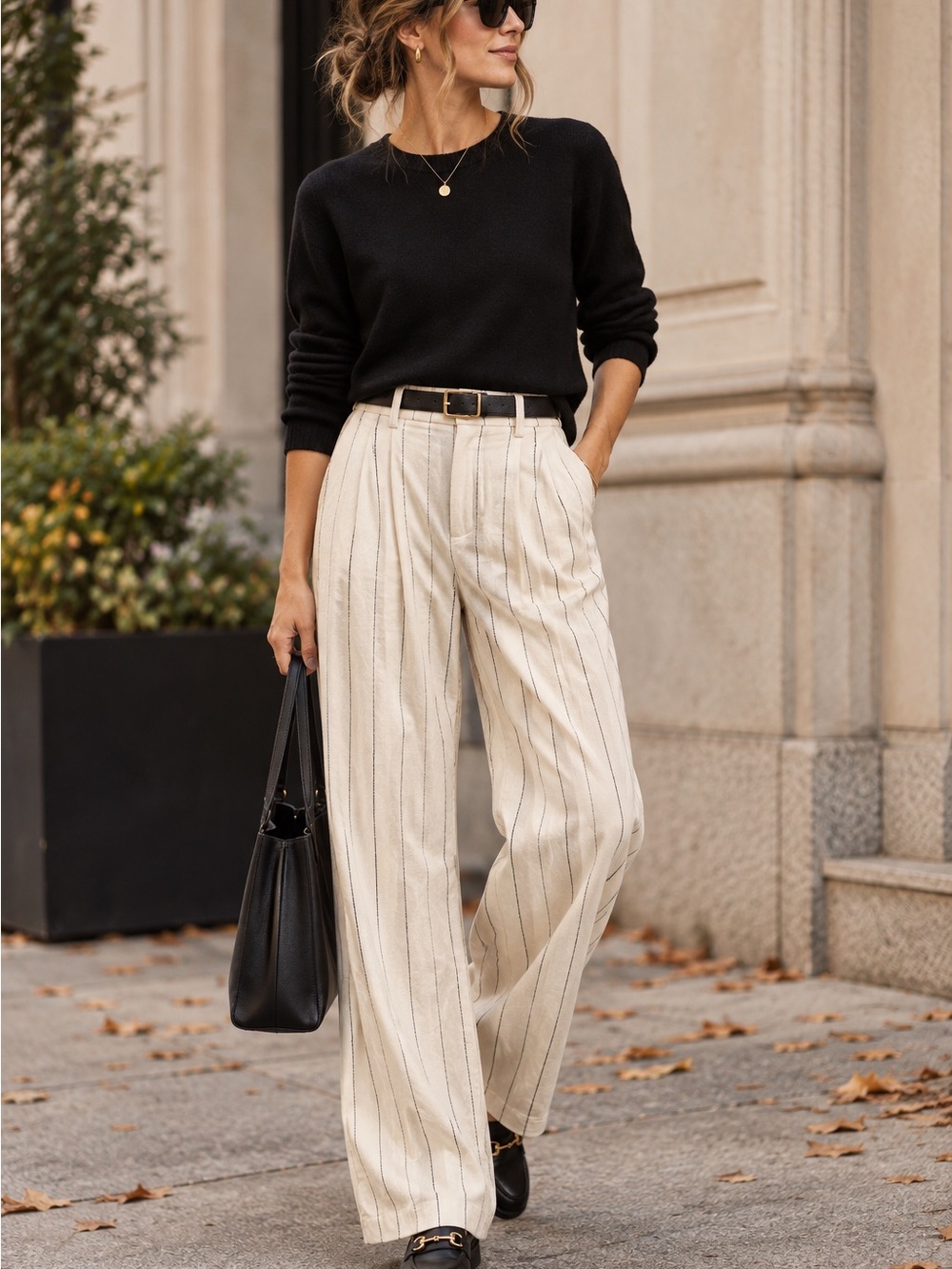NWT H&M Cream Black Pinstripe Wide Leg Trousers Size 8